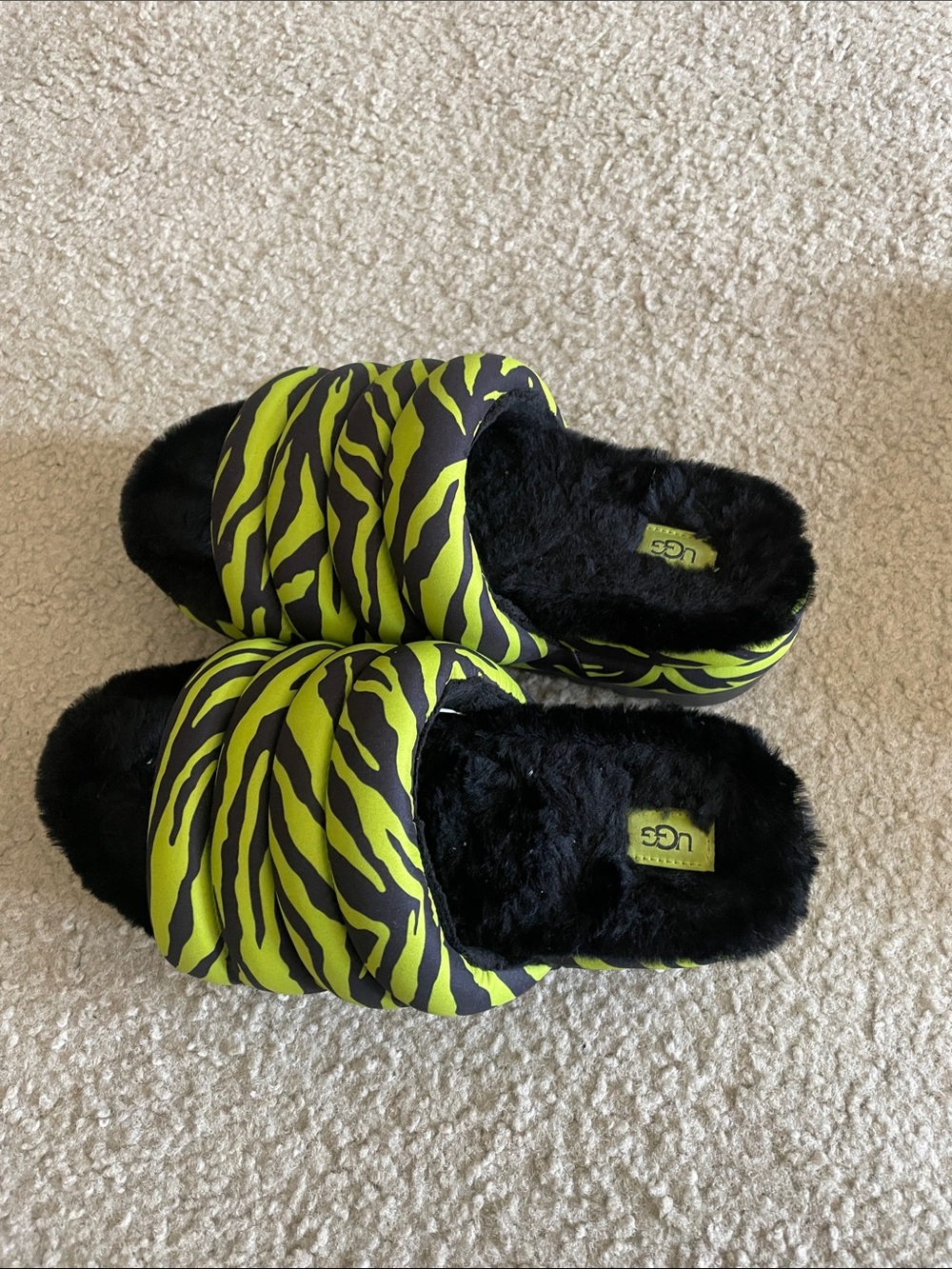 UGG Black and Neon Green Zebra Slide Slippers